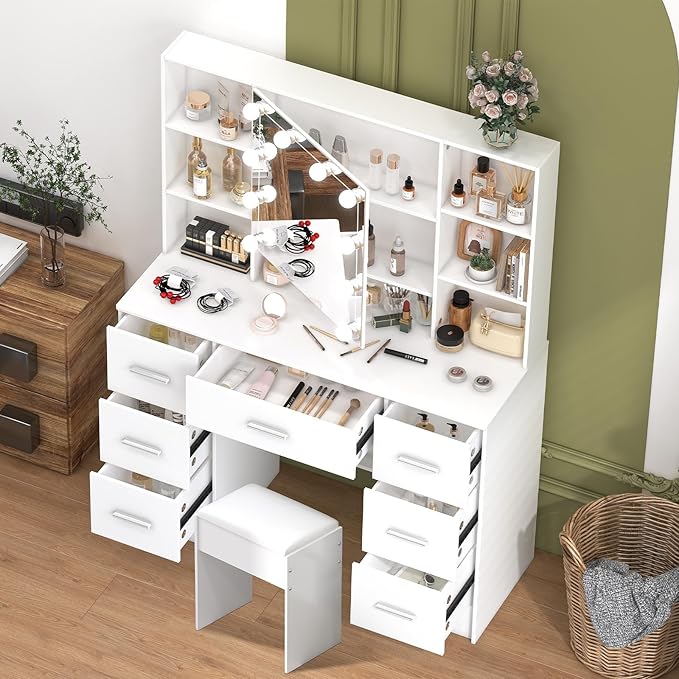 White Vanity Desk with Lighted Mirror, Large Makeup Vanity Table with Drawers and Chair, Bedroom Dressing Table Set for Teen Girls and Adult Women