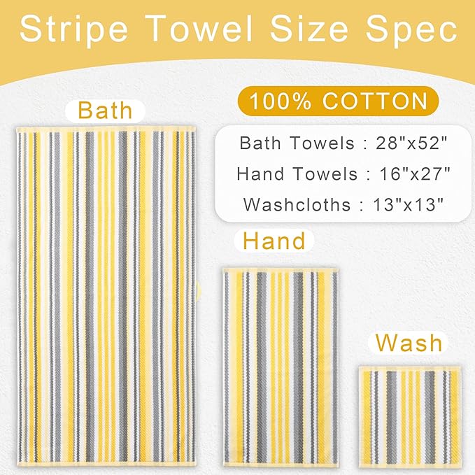 VOOVA & MOVAS Yellow Striped Towels 6PC - 100% Cotton, Quick Dry, Soft, Absorb & Lightweight, Washcloth 13"x13", Striped Wash Cloth Decorative Set, Luxury Towel Set for Bathroom, Yellow + Gray