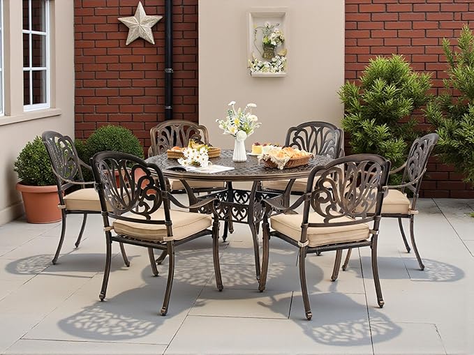 7 Piece Outdoor Dining Set Cast Aluminum, Retro Patio Dining Furniture Set for 6 Includes 54’’ Round Table 6 Chairs with Thicker Cushion and Umbrella Hole for Patio Deck Garden