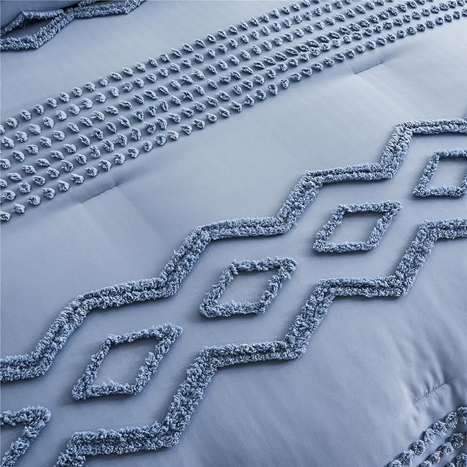 KAKIJUMN Blue Tufted Comforter Set Full Size 7 Piece Bed in a Bag, Shabby Chic Boho Comforter and Sheet Set, Pom Pom Textured Bed Set, All Season Soft Microfiber Complete Bedding Set(Blue,Full)