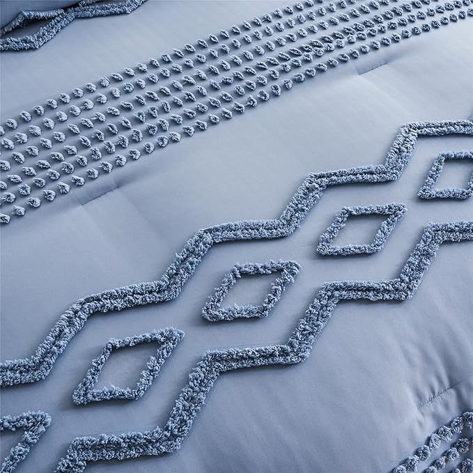 KAKIJUMN Blue Tufted 7-Piece Queen Comforter Set, Shabby Chic Boho Comforter and Sheet Set, All Season Soft Microfiber Complete Bedding Set