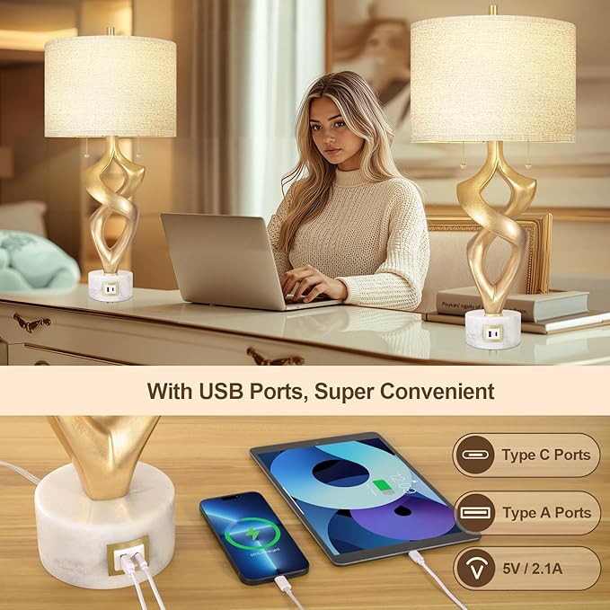Scenekoy Sculptural Resin Table Lamp Set of 2 with USB Ports for Bedroom Living Room, 31” Big Gold Leaf Marble Base Bedside Lamps, Pull Chains Switch Modern Nightstand Lamp for Home Room Decor