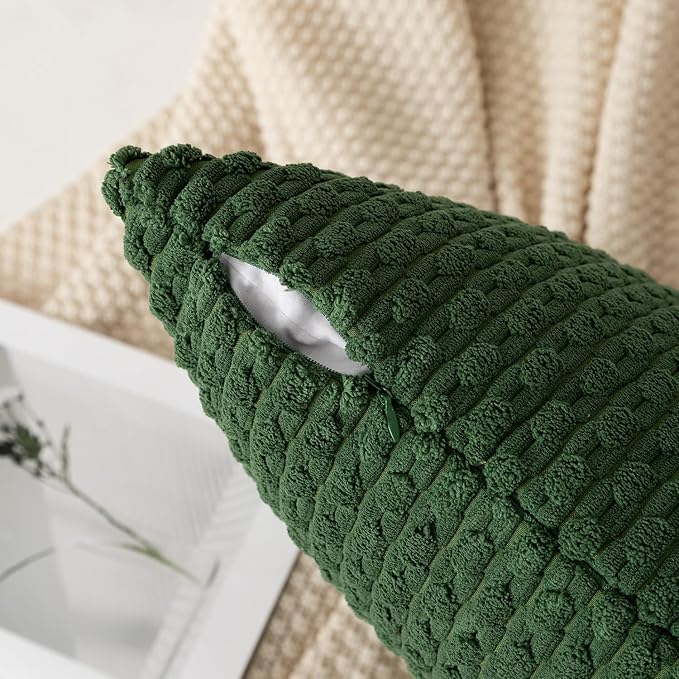 Kevin Textile Pack of 2 Corduroy Decorative Throw Pillow Covers 18x18 Inch Soft Boho Striped Pillow Covers Modern Farmhouse Home Decor for Sofa Living Room Couch Bed Dark Green