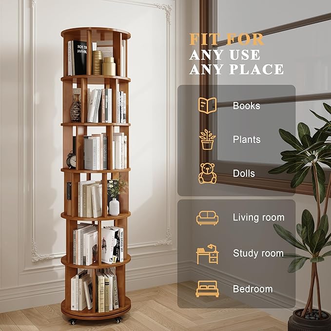 6 Tier Bookshelf Tower, 360° Solid Wood Spinning Bookcase with Swivel Wheels, Floor Standing Book Shelf for Small Space, Bookshelf for Home Office Study Room Bedroom Living Room