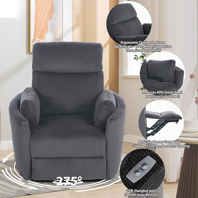 Power Swivel Glider Rocking Recliner Nursery Chair, Corduroy Rocker Recliner with USB, 2 Pillows, Barrel Armchair Single Sofa for Living Room Bedroom, Dark Grey