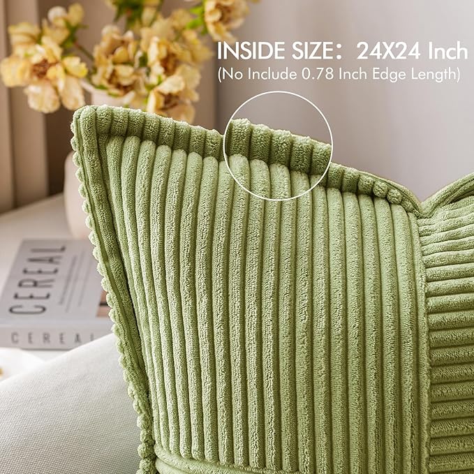 MIULEE Green Corduroy Decorative Euro Sham Pillow Covers 24x24 Inch with Splicing Set of 2 Soft Boho Pillow Covers Broadside Textured Summer Pillowcases for Couch Bed Livingroom