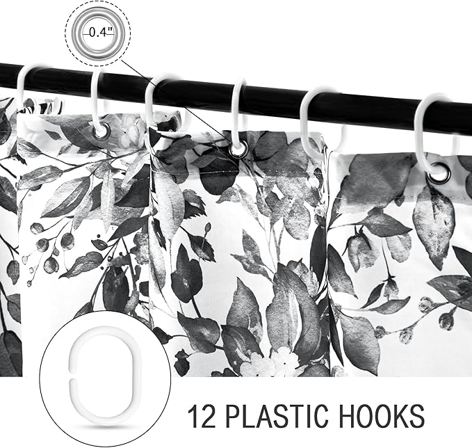 Gibelle Extra Long Shower Curtain 72 x 84, Black and White Floral Shower Curtain, Watercolor Plant Eucalyptus Leaves Fabric Shower Curtain Set with Hooks