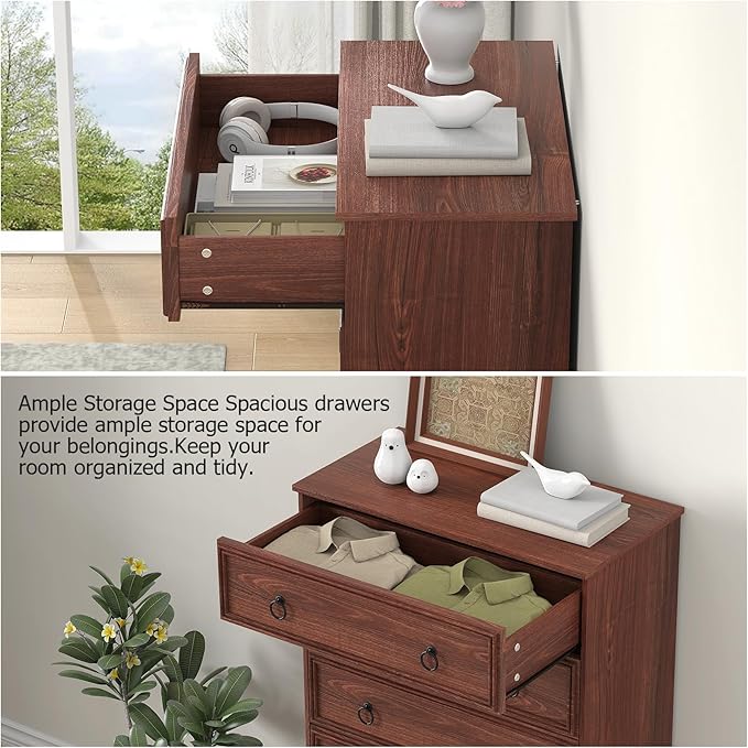 Cherry Wood Dresser 52" Tall for Bedroom, Wood 6 Chest Drawers, 6 Drawer Dresser, Storage for Clothes, Narrow Large Drawers, Vintage, for Living Room, Bedroom, Hallway