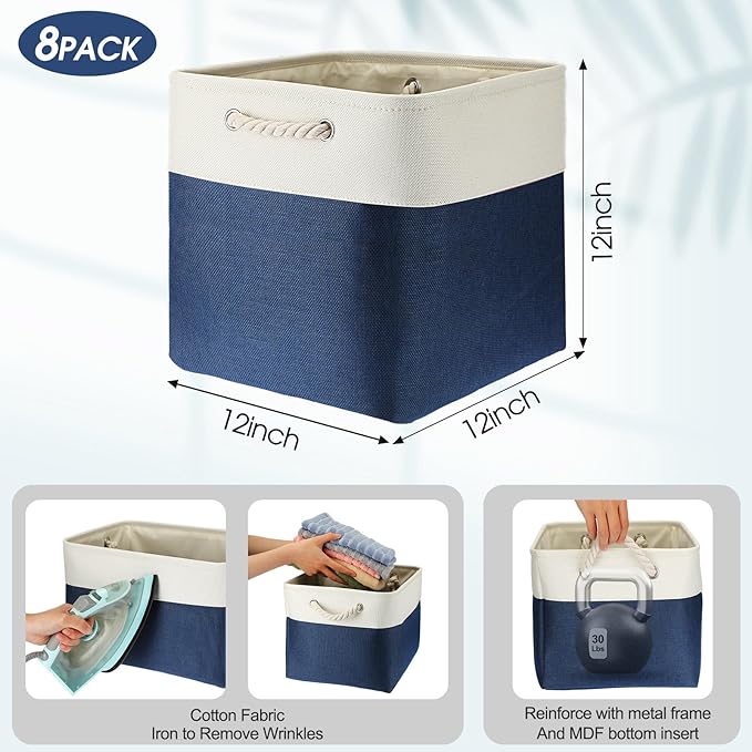 meekoo 8 Pack Collapsible Storage Bins Fabric Storage Bins Polyester Fabric Baskets with Handles Linen Closet Organizer for Shelf Home Closet Towels Toys(12 x 12 x 12 in,Blue White)
