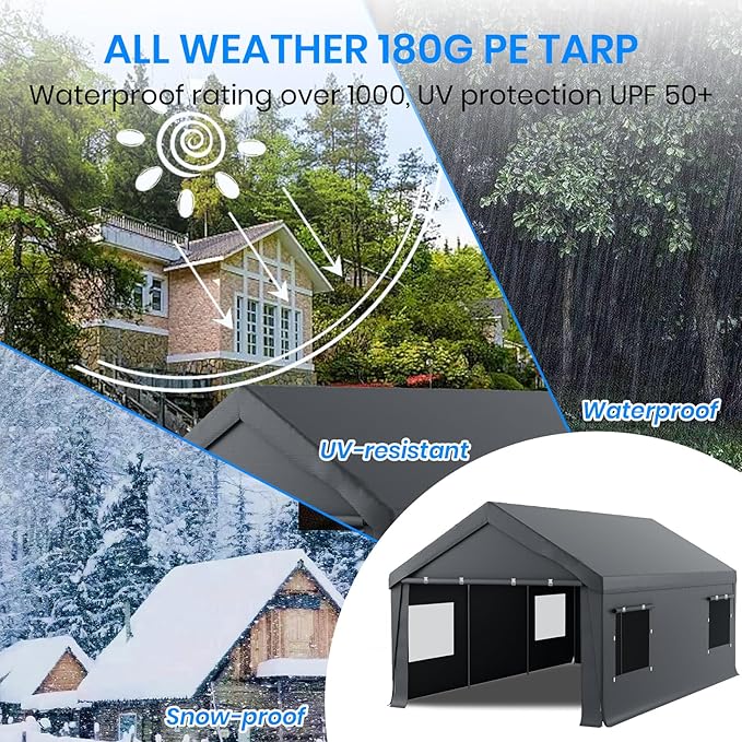 Carport 10x20 Heavy Duty Portable Garage,Carport Canopy with Roll-Up Windows & Doors,Portable Garages and Shelters with Removable Sidewalls,Car Tent Garage with All-Season Tarp for Tractor Bike Truck