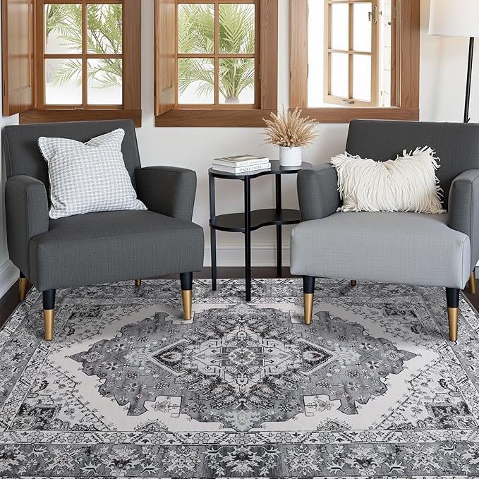 Vintage Area Rug 5x8 Rugs, Machine Washable Vintage Area Rug Non-Slip Low Pile Large Rug for Living Room, Bedroom, Farmhouse, Dining Room, Grey