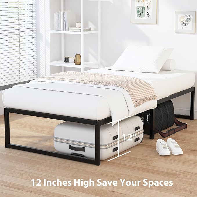 EMODA 14 Inch Narrow Twin Bed Frame 30x75, Heavy Duty Metal Platform No Box Spring Needed, Easy Assembly Noise Free, Black