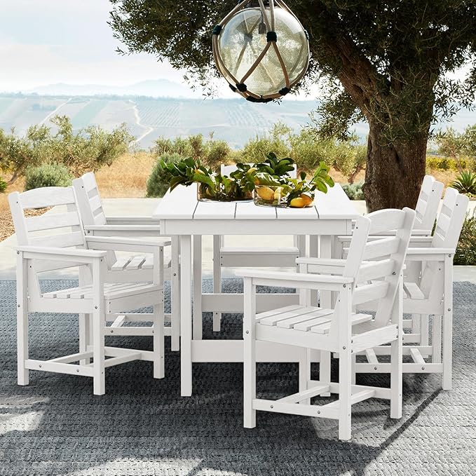 SERWALL Patio Table Set, Outdoor HDPE Dining Set with Umbrella Hole, 5-Piece - Table and 4 Chairs, All Weather for Lawn, Garden, Poolside, White