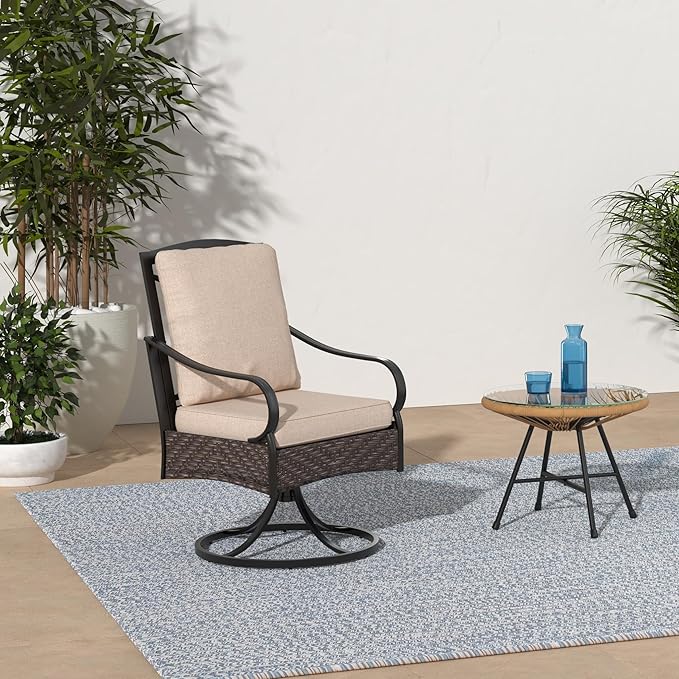 PHI VILLA Patio Swivel Chairs Set of 4, Heavy Duty Outdoor Metal Wicker Dining Chair with Thickened Cushions, Large All Weather Wrought Iron Deck Chair Lawn Furniture Support 300lbs