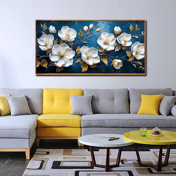 White Flower Wall Decor for Bedroom Women - Large Framed Wall Art for Living Room Ready to Hang Size 29"x 59"
