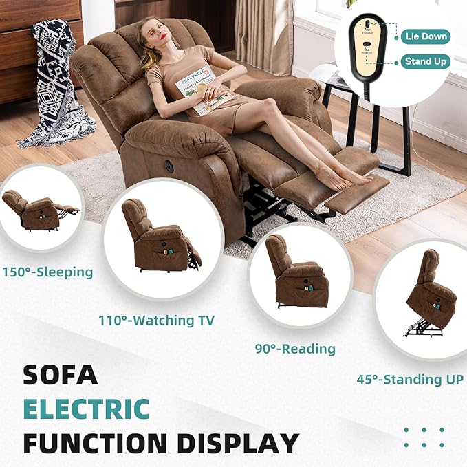 MEETWARM Large Power Lift Electric Recliner Chair with Extended Footrest for Elderly, Big and Tall Lift Chair for Seniors Reclining Chair for Living Room with Massage and Heated,USB Ports(Brown)