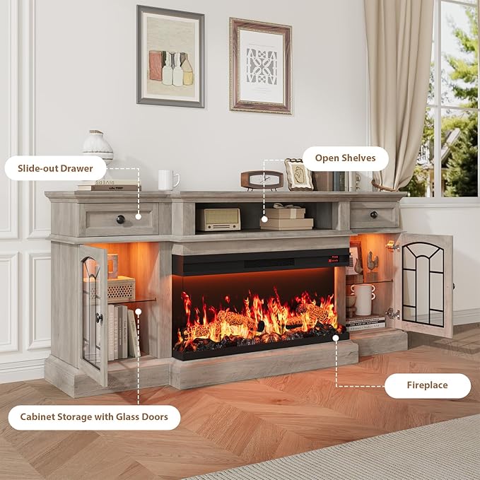 QUW 70" Farmhouse Fireplace TV Stand for TVs up to 80", Entertainment Center with 36" 3-Side Glass Electric Fireplace with Open Shelf and Cabinet, TV Console for Living Room, Grey