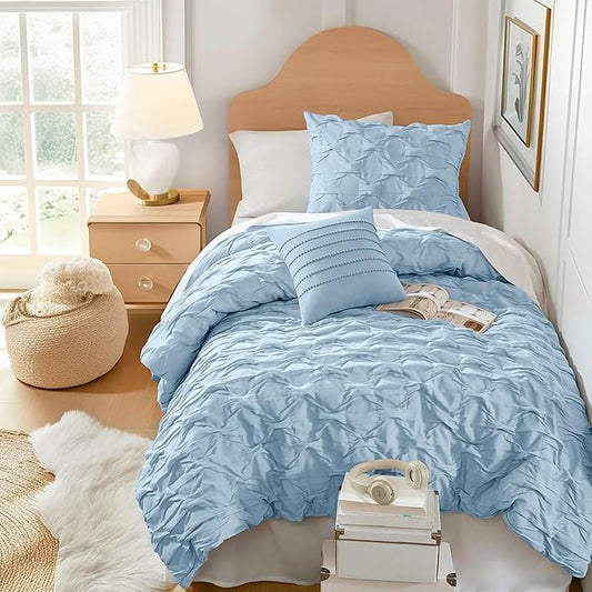 Comfort Spaces Twin/Twin XL Comforter Set for College Ogee Ruched Crinkle Texture Breathable Comforter Set Twin Dorm All Season Lightweight Bedding Set Shabby Chic Décor Pilow Blue 3 Piece