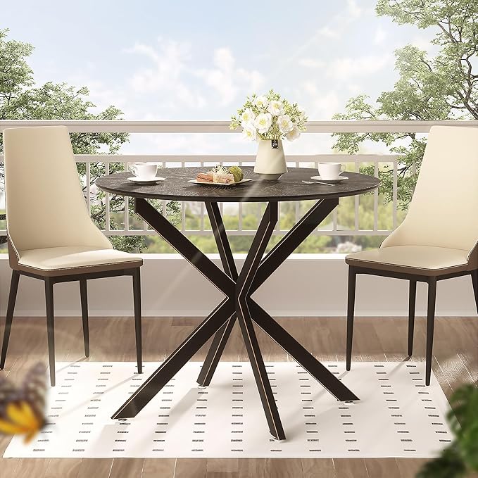 VFK Round Dining Table Set for 2,Small Kitchen Table and Chairs Set 36 inch Modern Metal Cross Base Dinner Table with 2 Cushioned Seat 3-Pieces Dining Set for Kitchen and Living Room