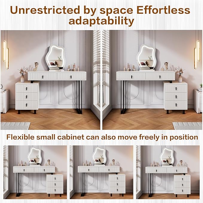 Vanity Desk with Mirror and Lights| Small Makeup Vanity Set with Adjustable Cabinet & 5 Drawers Storage| Modern Dressing Table for Small Spaces & Bedroom(White and Black)