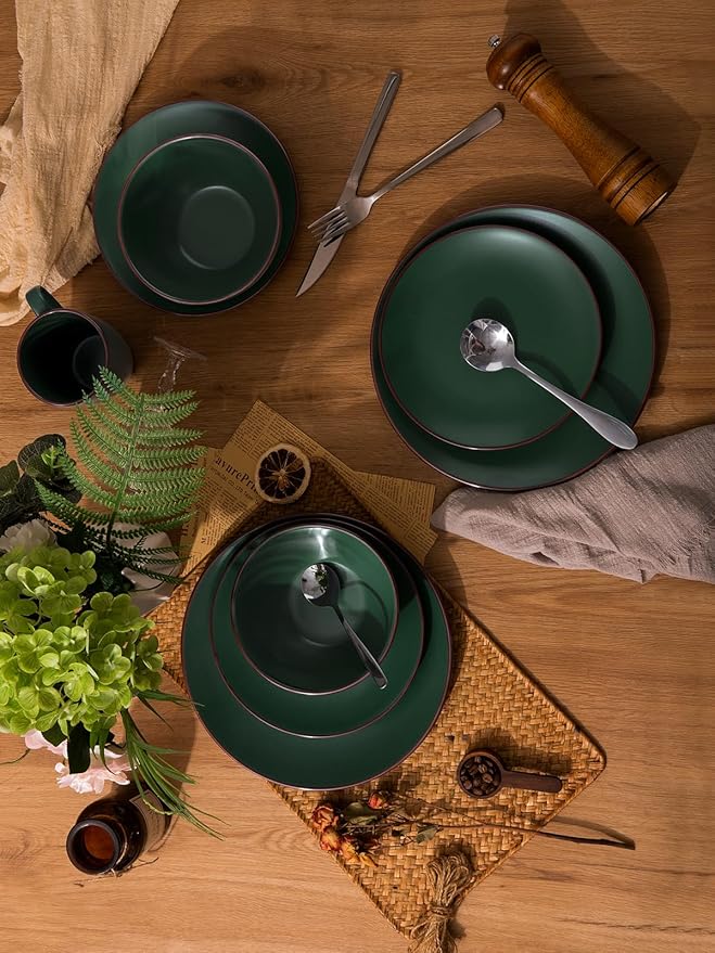 Famiware Venus Plates and Bowls Sets, 12 Pieces Stoneware Speckled Dinnerware Sets, Dishes Set for 4, Microwave and Dishwasher Safe, Matte Dark Green