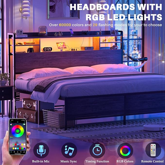 Aheaplus Headboard for King Size Bed with Storage, Headboards with LED Light, Power Outlets, USB Ports King Size Head Board, Wood headboard Only Sturdy and Stable Headboards, Modern, Black Oak