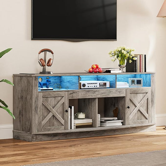 DWVO TV Stand for 75/80 Inch TV, Entertainment Center, LED Light Media Console, TV Cabinet with Barn Doors and Power Outlet for Living Room, Washed Grey