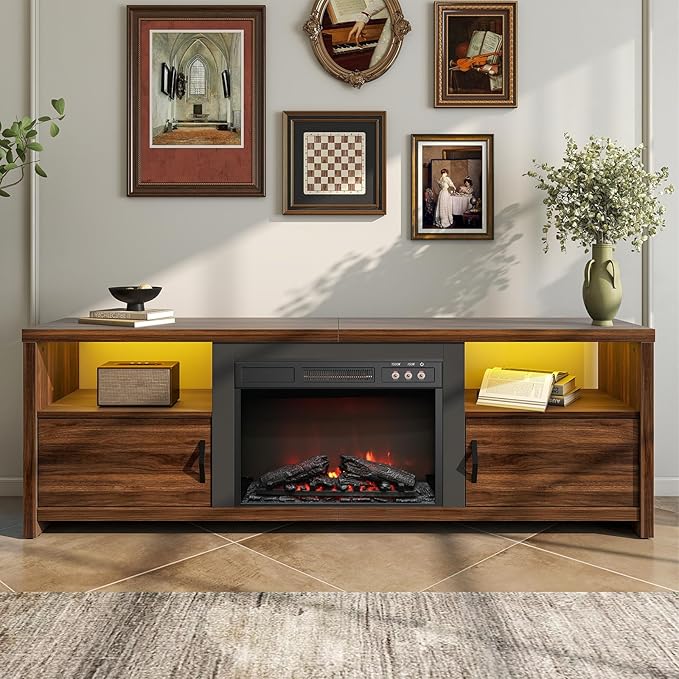 Bestier 70" Electric Fireplace TV Stand for TVs Up to 80", Modern Fireplace Entertainment Center with Storage Cabinets, LED Lights, Open Shelves and Cable Holes for Living Room, Walnut