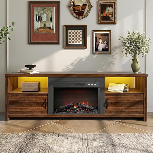 Bestier 70" Electric Fireplace TV Stand for TVs Up to 80", Modern Fireplace Entertainment Center with Storage Cabinets, LED Lights, Open Shelves and Cable Holes for Living Room, Walnut
