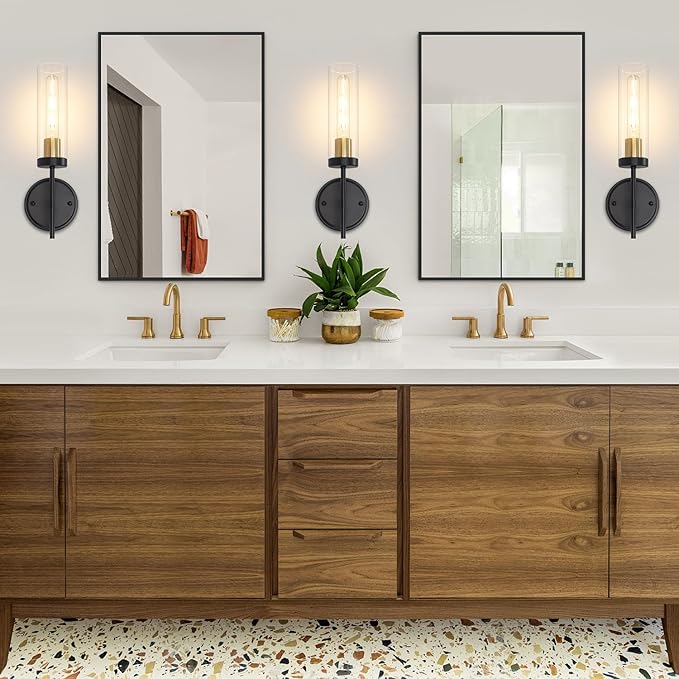 Wall Sconces Set of 2, Black and Gold Modern Bathroom Vanity Lights with Clear Glass, Sconces Wall Decor Set of 2, Hardwired wall Sconce Lighting, Indoor Wall Lights for Bedroom Living Room Hallway
