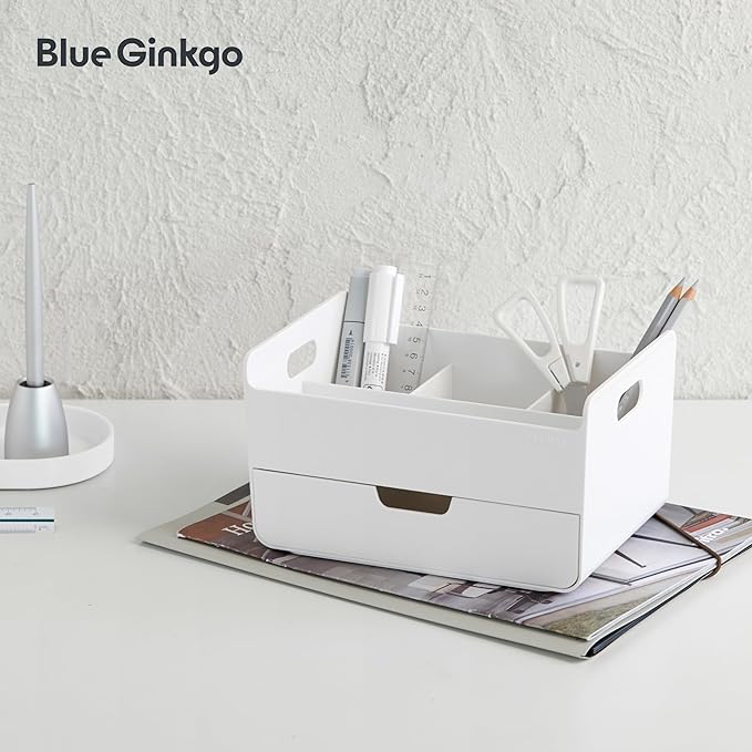 BLUE GINKGO Portable Desk Organizer – Compact 3 Compartment, Half-drawer Storage – Pen Holder, Stationery Desktop Organizer for Office, Makeup, Crafts (Made in Korea, White)