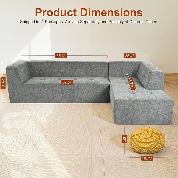 112.2" Sectional Couch, Oversized L Shaped Cloud Couch, Modular Sofa, Sectional Couches for Living Room and Office, Cool Gray