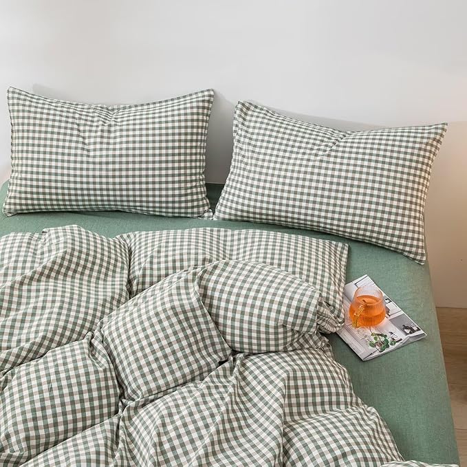 mixinni Green Gingham Comforter Set Full, Plaid Comforter Set 3 Pieces 1 Green Grid Comfoter with 2 Pillow Cases for All Seasons, Soft Fluffy Modern Grid Pattern Printed Bedding-Full Size