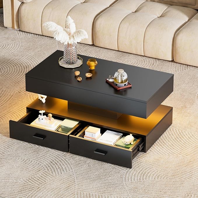 LED Coffee Table for Living Room,47.2" Large Living Room Table 2-Tier High Glossy Coffee Table with Storage,Rectangular Wooden Tea Tables for Home Office,Black