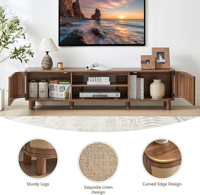 AVZEAR Curved Profile Farmhouse TV Stand for TVs Up to 70 Inches, Mid Century Modern Entertainment Center with Storage & Natural Linen Doors, Large Media Console for Living Room, Bedroom, Walnut