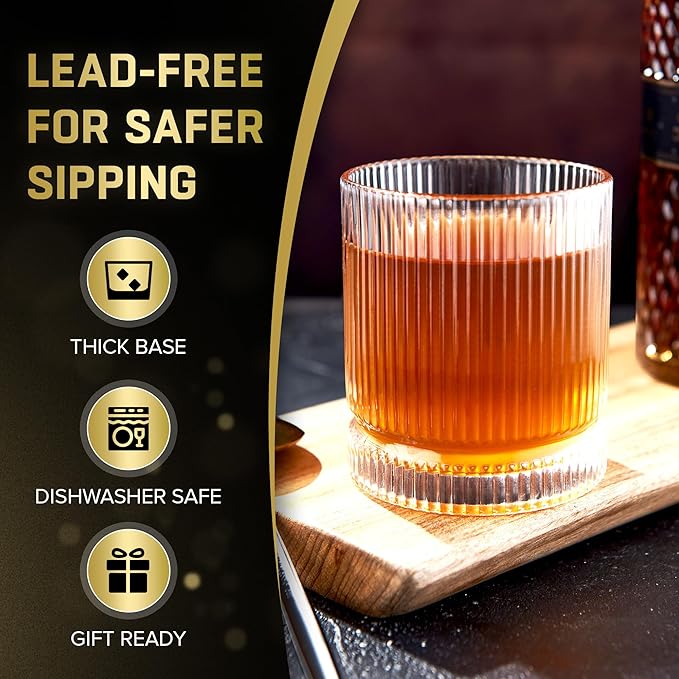 Ribbed Whiskey Glasses Set of 8, 12 Oz Lead-Free Crystal Heavy Base Barware Glass, Perfect for Bourbon Rocks Cocktail Scotch Drinking