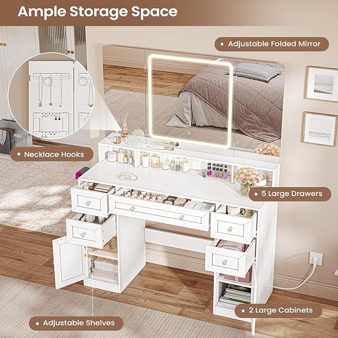 Vanity Desk with Mirror and LED Light, Makeup Vanity with Trifold Mirror and Charging Station, 5 Drawers for Storage, White Modern Vanity Table with Hidden Jewelry Hook for Bedroom, Women Girls