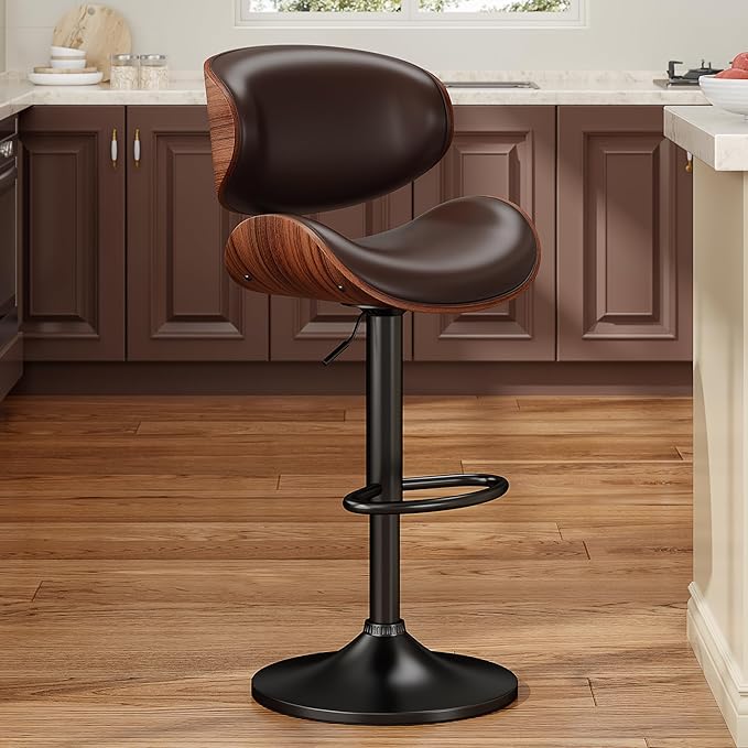 Swivel Bar Stools for Kitchen Counter, Adjustable Bentwood Barstools, Modern PU Leather Upholstered Bar Stool with Back and Footrest, for Bar, Kitchen, Dining Room (Brown 1PCS)