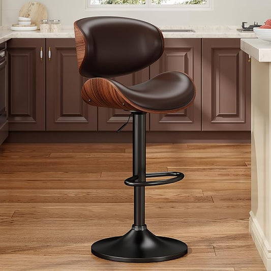 Swivel Bar Stools for Kitchen Counter, Adjustable Bentwood Barstools, Modern PU Leather Upholstered Bar Stool with Back and Footrest, for Bar, Kitchen, Dining Room (Brown 1PCS)