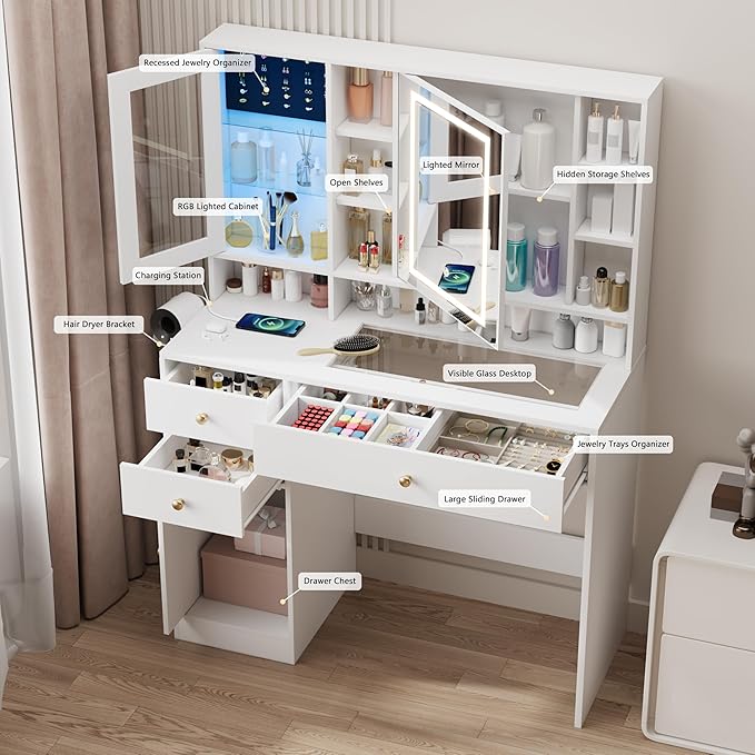 Makeup Vanity Desk with Mirror and Lights, White Vanity with Glass Top, Jewelry Storage, Power Outlets, 3 Drawers & 2 Cabinets, Adjustable LED Lighting, Dressing Table for Women & Girls Bedroom