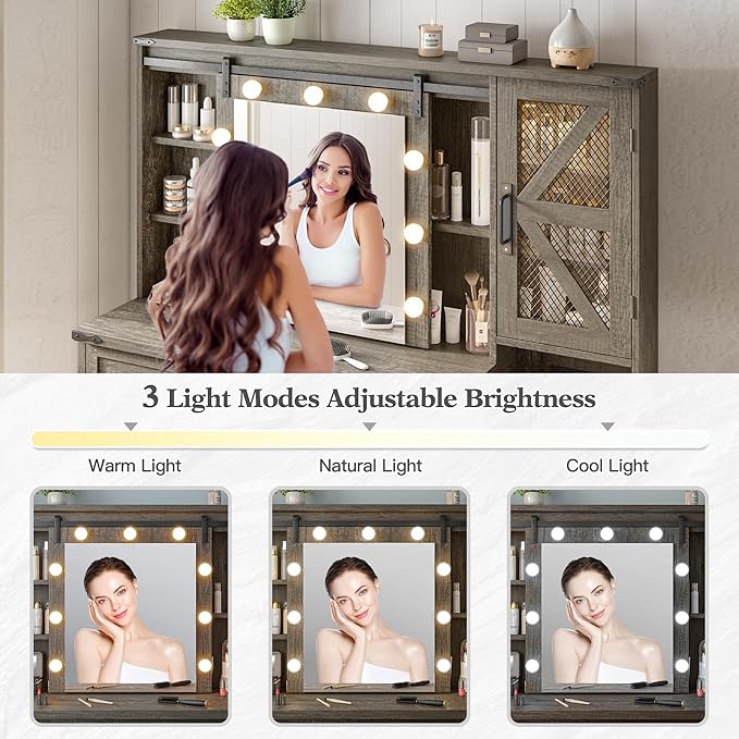 EnHomee 47.2" Farmhouse Makeup Vanity Desk with Sliding HD Mirror and Lights, Vanity Table with 4 Drawers & RGB Cabinets, Modern Lighted Vanity Table for Bedroom, Light Rustic Oak