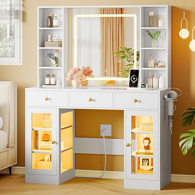 Makeup Vanity Desk with HD Lighted Mirror & Power Outlet, Glass Top Vanity Table Set with Storage Drawers & RGB Cabinets, Large Dressing Table with 3 Lighting Modes for Bedroom Women Girls Kids, White