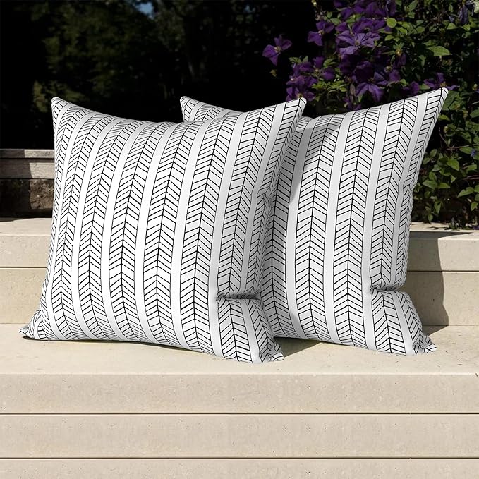 Pack of 2 Patio Throw Pillow Covers ONLY, Water Repellent Cushion Cases 20x20 Inch, Square Pillowcases for Outdoor Couch Decoration, HerringboneWhite