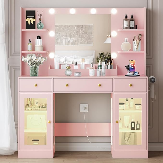 Vanity Desk with Mirror and Lights, Large Makeup Vanity Set with Power Outlet & RGB Glass Cabinet, 3 Drawers, Pink Vanity Mirror with Lights Dressing Table for Girls Women, 3 Color Modes