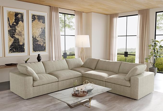 JACH V-Shaped Sectional Couch, Deep 5-Seats Convertible Sectional Sofa, Cushion Covers Removable, Modern Modular Sofas for Living Room/Bedroom/Apartment (Khaki)