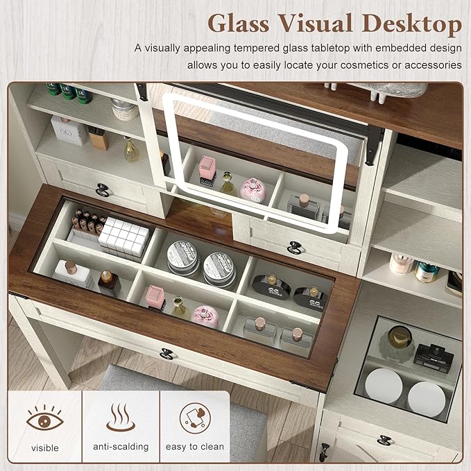 Farmhouse Makeup Vanity Desk with Sliding Mirror and Lights, 42" Glass Top White Vanity Set with Charging Station & 4 Drawers & 2 Cabinets, Dressing Table with Stool for Bedroom