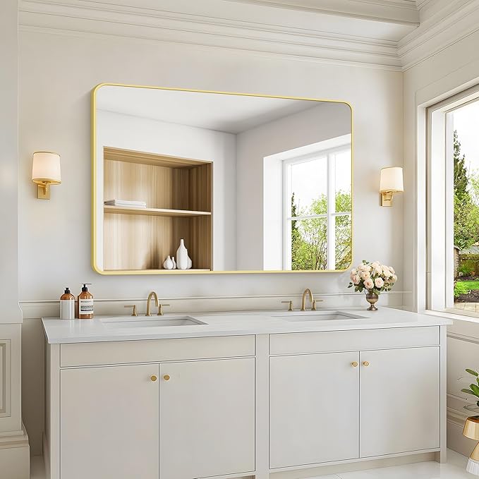 36"x48" Bathroom Mirror, Gold Rectangle Mirror, Large Rectangular Wall Mirror, Rounded Corner Vanity Mirror with Aluminum Metal Frame for Bathroom Bedroom Living Room Horizontal/Vertical
