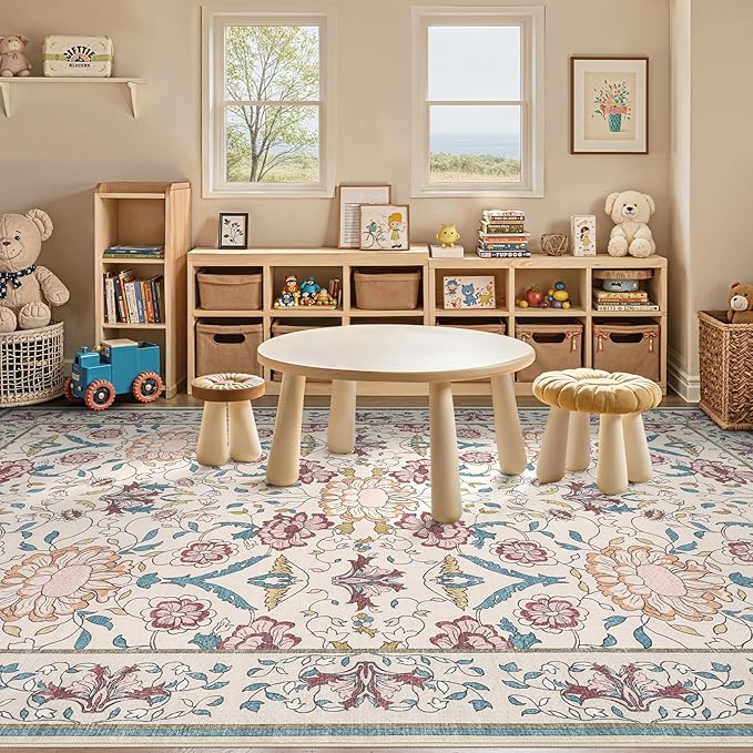 Nursery Rug 10x14 for Kids & Girls - Washable Vintage Large Floral Area Rugs - Ultra Thin Stain Resistant Non Slip Carpets for Kids Playroom, Living Room, Bedroom, Dining Room, Office - Floral Multi
