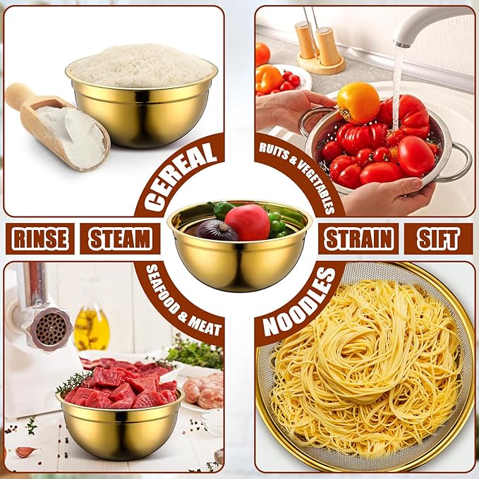 Gold Mixing Bowls with Airtight Lids Stainless Steel Mixing Bowl Set of 5, 4 Metal Nesting Organizers 4 in 1 Colander Non-slip Bottom Size 1.5, 2.0, 2.5, 4.0 Qt for Baking Serving Food