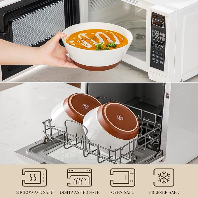 MALACASA Salad Bowls Set of 4, Soup Bowls for Kitchen, 60oz Large Ceramic Bowl for Ramen, Cereal, Fruit, Pho and Pasta, Microwave & Dishwasher Safe, Speckled Deep Bowls, White & Brown